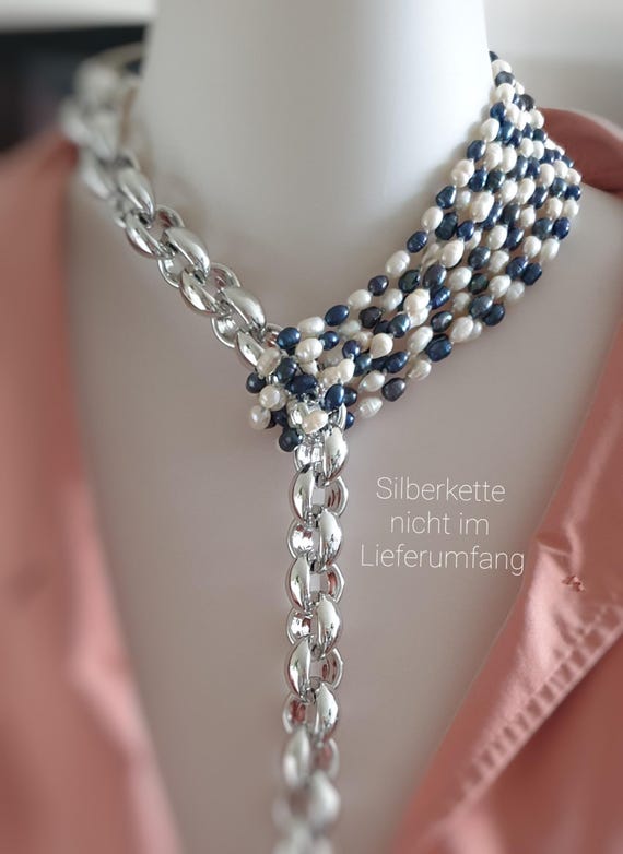 Collier 6 Brins Perles D'eau Douce Noires - 4mm, Longueur 24 Pouces, Argent 925 - Neuf