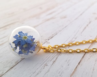 real forget-me-not forget me not chain gold flowers necklace blue jewelry forget my not, gift dried flowers