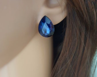 Ear clips, drop drop sapphire blue silver crystal clip, earring earrings, high quality ear clip jewelry, no ear holes pierced