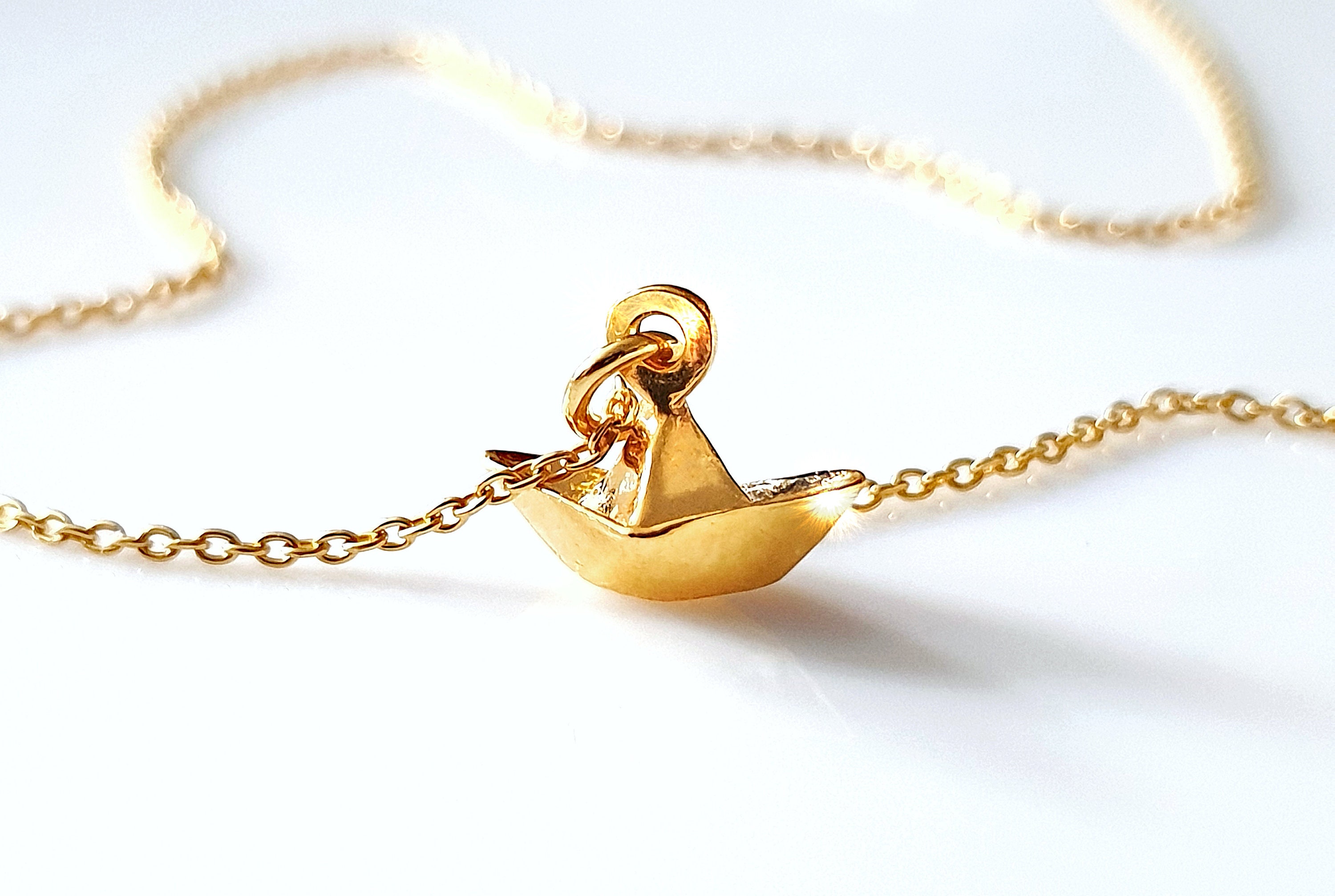 Chain Paper Boat Boat Origami 925 Sterling Silver Yellow Gold Plated Necklace, Charm Pendant Jewelry