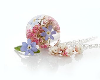 echte Vergissmeinnicht & zarte rosa Blumen Blüten Pfingstrosen, Peony Kette Halskette Schmuck  38-80 cm Wähle selbst deine Wunschlänge