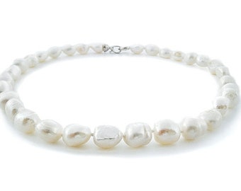 Pearl necklace, genuine freshwater cultured pearls, white, Ø 10-11 mm, pearl jewelry, baroque pearls, 45 cm