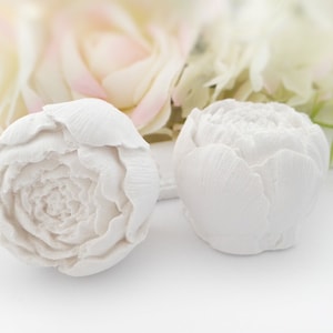 Könnte beinhalten: Zwei weiße Keramik-Pfingstrosen-Blumenskulpturen. Die Blumen sind mit realistischen Blütenblättern detailliert und haben ein zartes, elegantes Design.