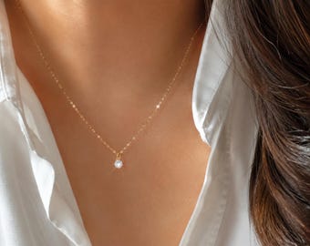 Real 333 8k Gold Cubic Zirconia Necklace | Delicate CZ Necklace, Solitaire Cubic Zirconia Diamond Necklace, Fine CZ Necklace, Simple Gold Chain