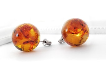 Amber stud earrings Ø 12 mm amber pearl studs, round earrings, amber and silver, minimalist amber earrings