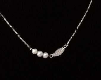 Freshwater pearl necklace with 3 freshwater pearls, silver leaf pendant necklace, solid 925 silver necklace, 38-60 cm length (custom length available)