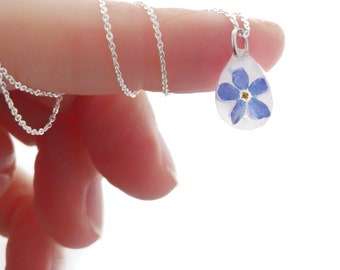 echte Vergissmeinnicht Tropfen forget me not Kette 925 Sterling Silber Halskette, Lass Blumen Blüten sprechen Vergiss mein nicht 38- 55 cm