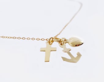 echt 333 Gold "Glaube-Liebe-Hoffnung" Glücksbringer Herz - Kreuz - Anker, Kette 36-50cm Goldkette Anker 1,2mm Halskette Gliederkette Schmuck