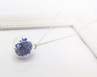 925 Sterling Silver Forget-me-not forget me not 45cm Fleurs Collier Collier Bijoux avec Real Forget My Not Flowers