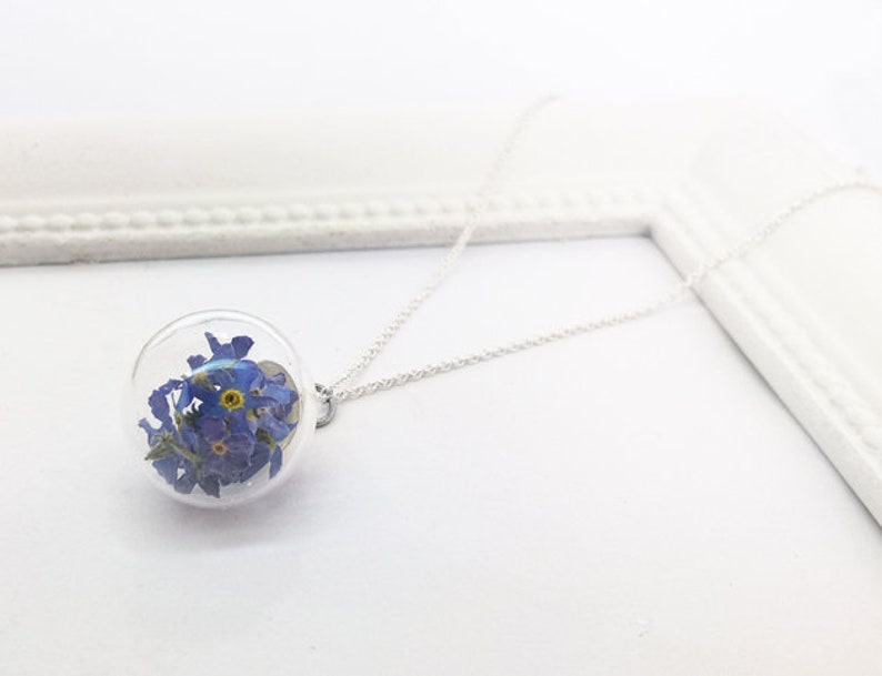 925 Sterling Silver Forget-me-not forget me not 45cm Flowers Necklace Necklace Jewelry with Real Forget My Not Flowers image 1