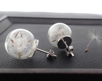 Studs Pusteblume Wish Dandelion Terrarium Flowers Flowers Glass Ball Jewelry Earring in Real 925 Silver