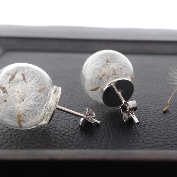 Studs Pusteblume Wish Dandelion Terrarium Flowers Flowers Glass Ball Jewelry Earring in Real 925 Silver