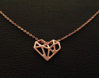 Origami geometric heart necklace 925 rose gold rose gold sterling silver, gold plated necklace, charm, pendant love jewelry