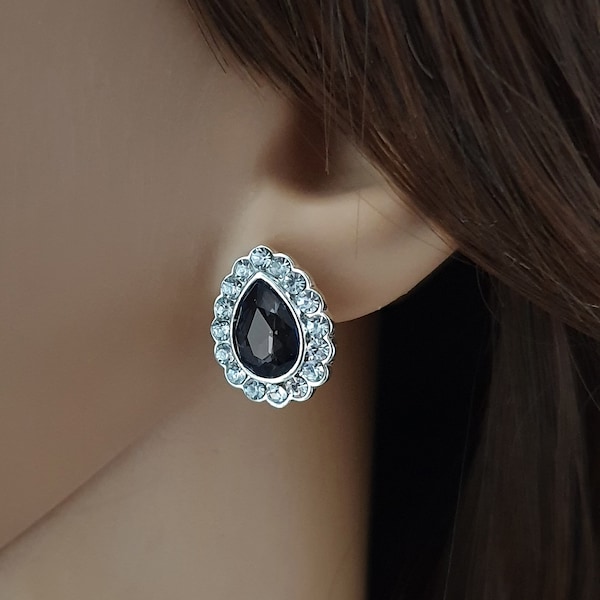 Earclips, teardrop teardrop black silver crystal zircon clip, earring earrings, high-quality earclip jewelry, do not pierce your earsb