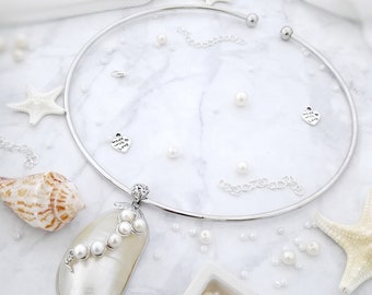 Chokerketting, sluiting, schelp-parelketting, zeemeermin, echte zoetwaterparels, parelsieraden, ketting, halsketting, sieraden