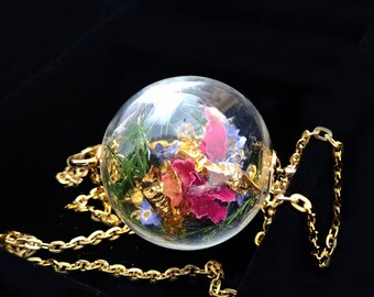 Kette echte Blumen *Bouquet* Blattgold Blüten Gold, Geschenk Trockenblumen, Wähle selbst deine Wunschlänge