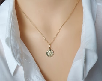 Real 333 8K Gold Lucky Charm Necklace Guardian Angel Coin Necklace TALISMAN Angel &quot;God&#39;s Blessings On All Your Ways&quot; & &quot;God Protect You&quot;