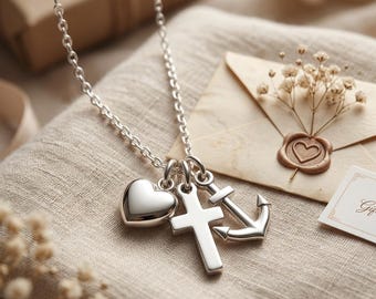 Faith-Love-Hope Heart - Cross - Anchor Necklace Pendant / Solid Genuine 925 Sterling Silver, Symbol Necklace / Silver Link Chain, Custom Length