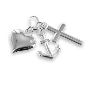 May include: A silver charm pendant featuring a heart, an anchor, and a cross. The heart is smooth and rounded, the anchor has detailed lines, and the cross is a simple, classic design. The pendant is on a white background.