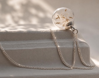 May include: A silver chain necklace featuring a clear, spherical glass pendant. Inside the hollow glass orb, several delicate, light brown dandelion seeds are suspended. The pendant is secured with a polished silver cap and a small jump ring.