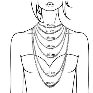 May include: A line drawing of a person wearing a variety of necklace lengths, labeled in centimeters, from 35 cm to 80 cm.