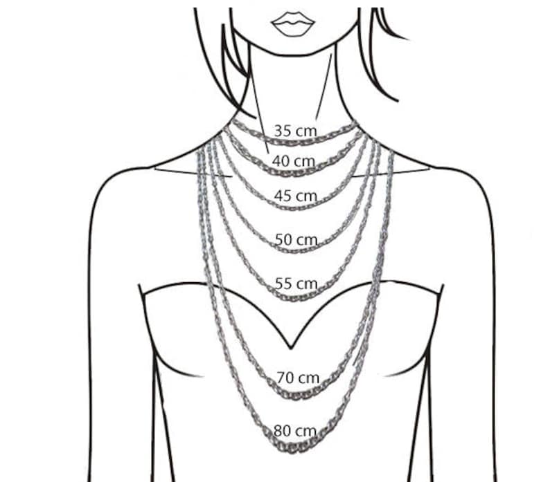 May include: A line drawing of a person wearing a variety of necklace lengths, labeled in centimeters, from 35 cm to 80 cm.