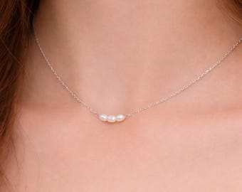 Freshwater Pearl Necklace with 3 Freshwater Pearl Pendants, Genuine 925 Sterling Silver Necklace, 45 cm Length