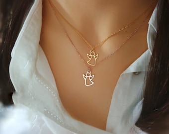 Angel Necklace Guardian Angel Chain in real 925 Sterling Silver 14K yellow gold and rose gold plated simple delicate necklace