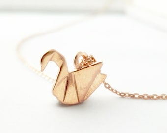 Origami Swan Necklace 925 Rose Gold Rose Gold Sterling Silver Crane, Gold Plated Necklace, Sterling Silver Crane Charm, Pendant Animal Jewelry