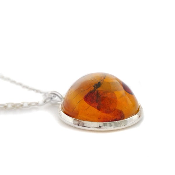 Amber necklace with mosquito insect pendant, amber cabochon round modern shape, necklace jewelry, 34 - 80 cm in desired length