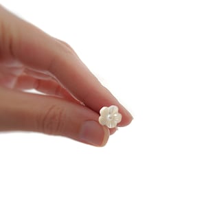 noble mother of pearl stud earrings, blossoms, flowers, dainty and delicate hand-carved shell jewelry, genuine 925 sterling silver stud earrings