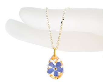 handmade forget-me-not necklace real gold, blue flower pendant forget me not, delicate anchor link chain gold chain, width 1.2 mm