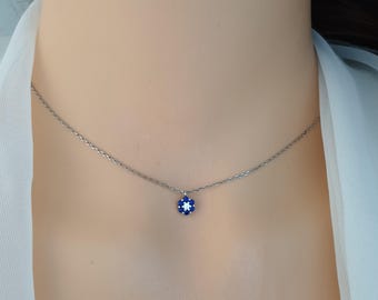 本物のシルバー製、青い石がちりばめられた忘れな草のネックレス、925シルバー製、花に語りかける、忘れな草
