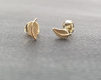 real 585 14K leaf stud earrings gold leaf earrings, solidly made in real yellow gold