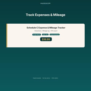 Könnte beinhalten: Eine digitale Vorlage für einen Schedule C Ausgaben- und Kilometer-Tracker auf dunkelgrünem Hintergrund. Der Text enthält Track Expenses & Mileage, Deductions, Mileage log, CPA export, Google Sheets, Excel .xlsx, Instant Download und $16.99.