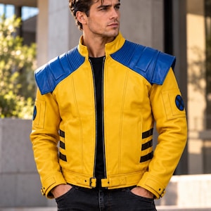 Wolverine Cosplay-Jacke, gelb-blaue Lederjacke, Logan X-Men Kostüm, Marvel Rivals Gaming Cosplay, Superheldenjacke