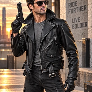 Könnte beinhalten: Eine schwarze Motorradlederjacke mit breitem Kragen, silbernen Reißverschlüssen und seitlicher Schnürung, getragen über einem grauen T-Shirt und einer dunklen Cargohose. Das Outfit umfasst schwarze Lederhandschuhe und eine Sonnenbrille. Text RIDE FURTHER LIVE BOLDER.