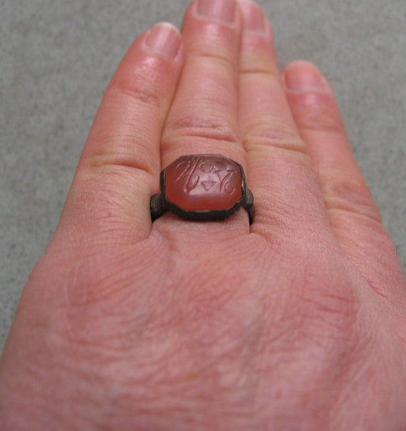 Medieval occult magical Fire Agate Ring •Bronze M… - image 4
