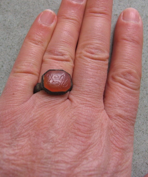 Medieval occult magical Fire Agate Ring •Bronze M… - image 5