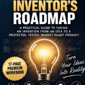 Può includere: Una copertina di libro intitolata The Inventor's Roadmap con un grafico di una lampadina luminosa. Il testo include Ideas, Plans, Protection, Prototypes, Real Products, un badge 17-page premium workbook e la frase Turn Your Ideas Into Reality su sfondo scuro.