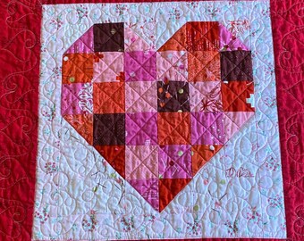 Valentines quilted table mat, red pink table topper, quilted 2” pieced squares topper, heart table square, Valentine quilted topper
