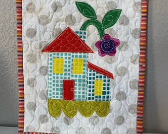 Folk art house mini quilt,  Housewarming gift, mother's day gift, one of a kind gift, quilted art,  quilted home decor, House mini quilt