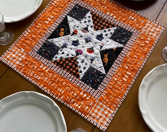 Halloween star quilted table topper,  Halloween cats centerpiece , Fall table topper, white orange  purple quilted topper, Halloween decor