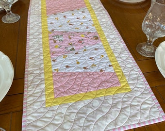 Quilted table runner pink, white yellow Spring kitchen decor, quilted table topper, spring patchwork handmade runner, Easter centerpiece