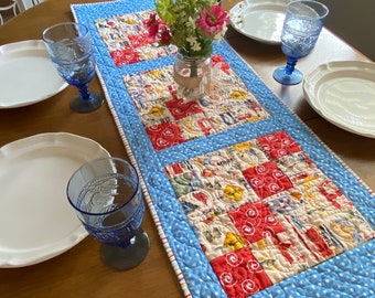 Summer Red White Blue quilted table runner, beach table decor,red blue centerpiece, stars floral runner, summer decor  table topper,