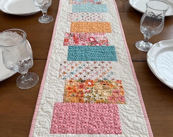 Quilted Floral Table Runner, Spring Easter Centerpiece, Pink Aqua Yellow Coral