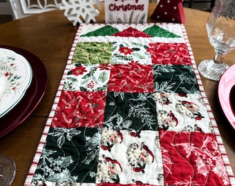 Handmade Christmas Quilted Table Runner: Festive Holiday Prints (48x11)