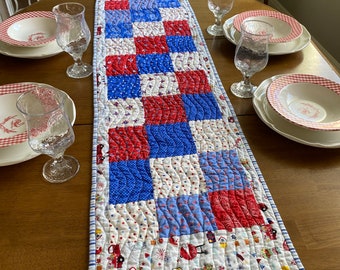 Red White Blue quilted table runner, 4th of July table decor, fireworks, stars floral runner, patriotic table topper, Summer decorations