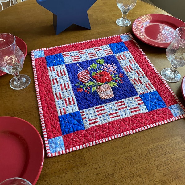 Patriotic quilted table topper with flag and flowers, red white & blue Americana decor,  bright American home centerpiece, 4th of July table
