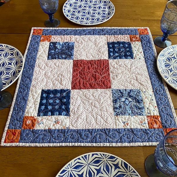 Red white & blue patchwork table topper Americana table quilted centerpiece , July 4th quilt,  American home decor, Summer table decorations